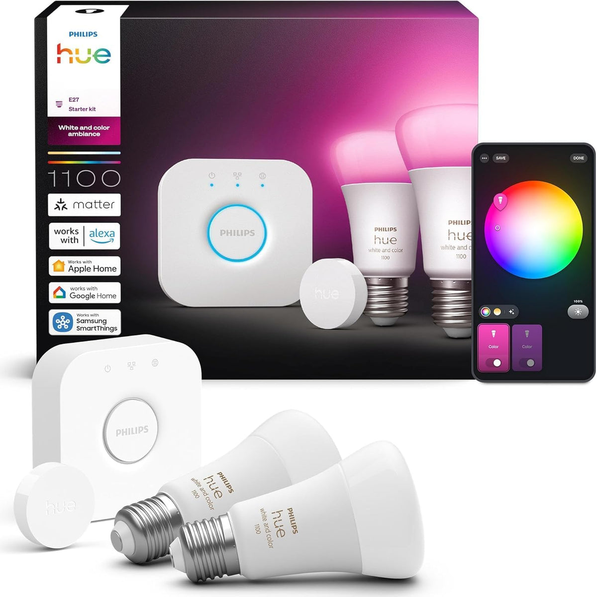 Bombillas LED E27, Philips Hue, Kit Inicio Pro: Bridge, Smart button, Luz Led Blanca y Colores, funciona con Apple Home, Google Assistant
