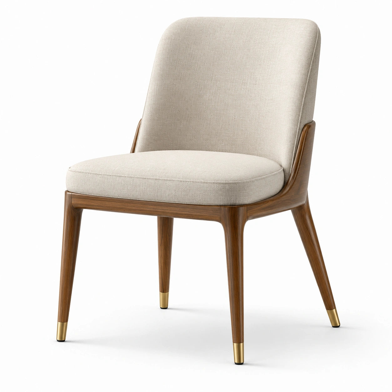 Silla de lino beige con patas de madera y puntas metálicas