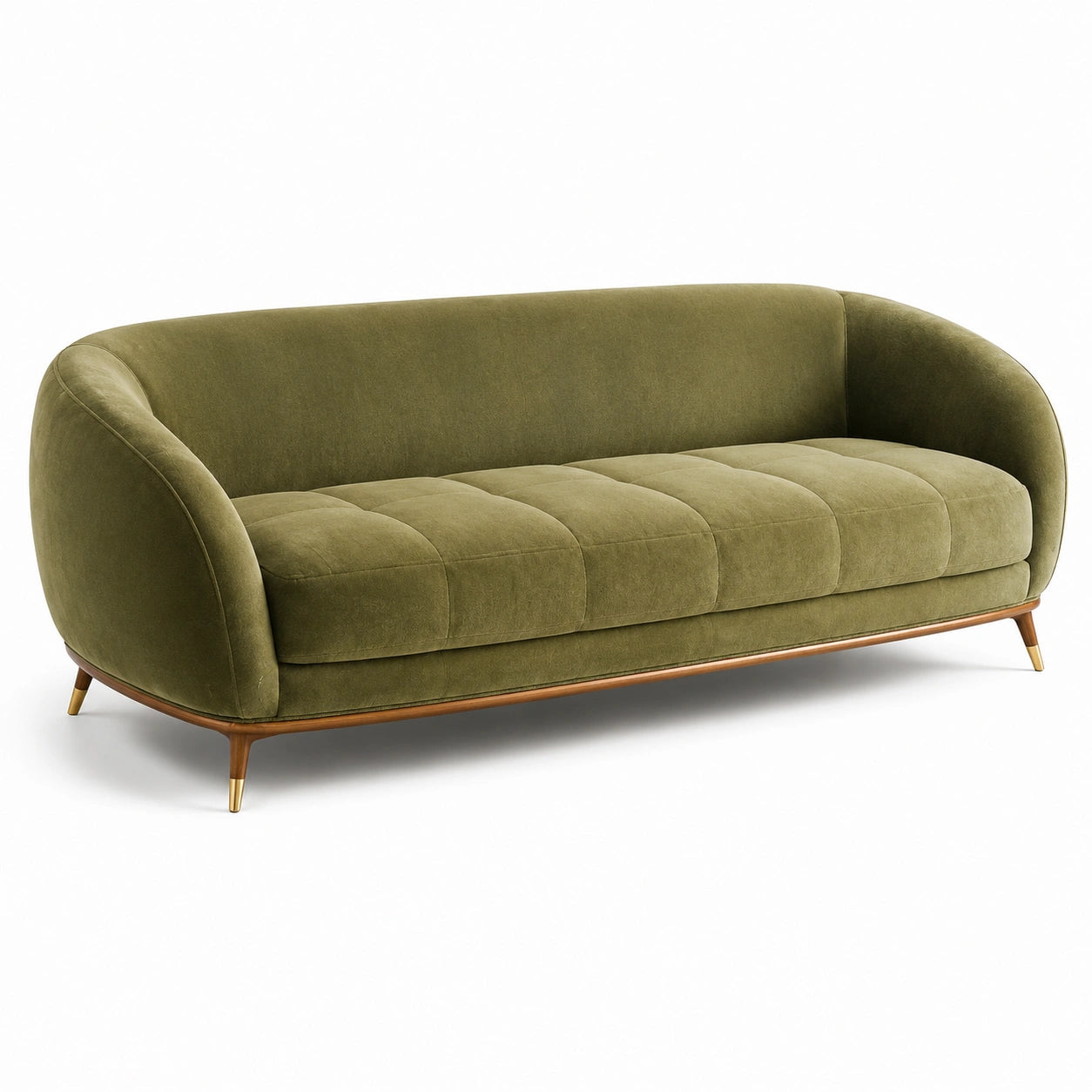 Sofá de tres plazas en terciopelo verde oliva con patas de madera y metal