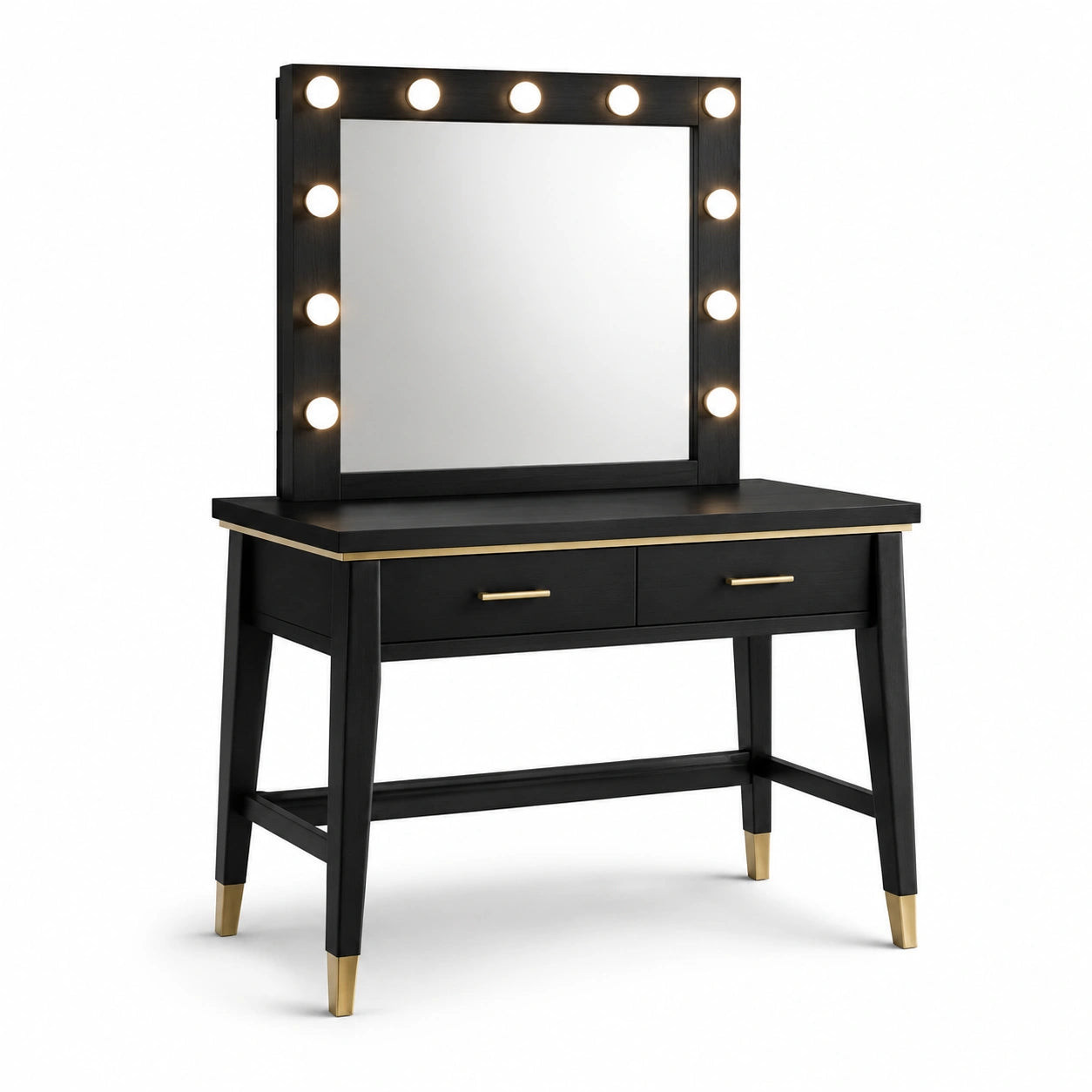 Tocador negro de madera con espejo iluminado LED y cajones