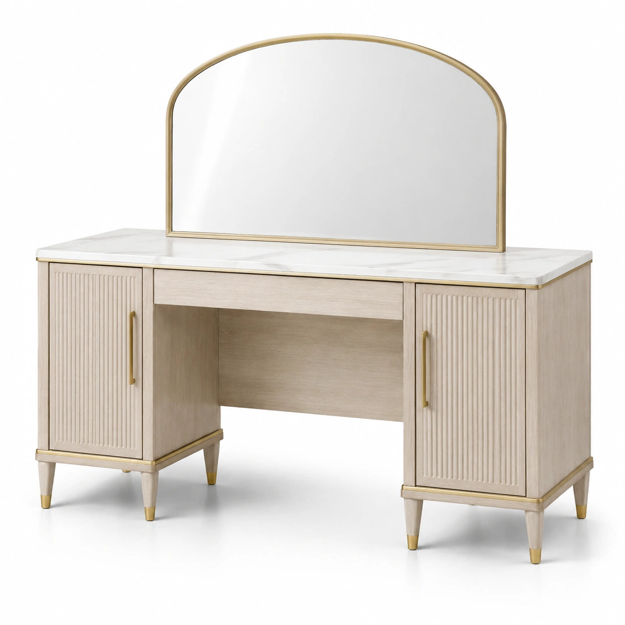 Tocador de madera con mármol y espejo grande, beige y dorado