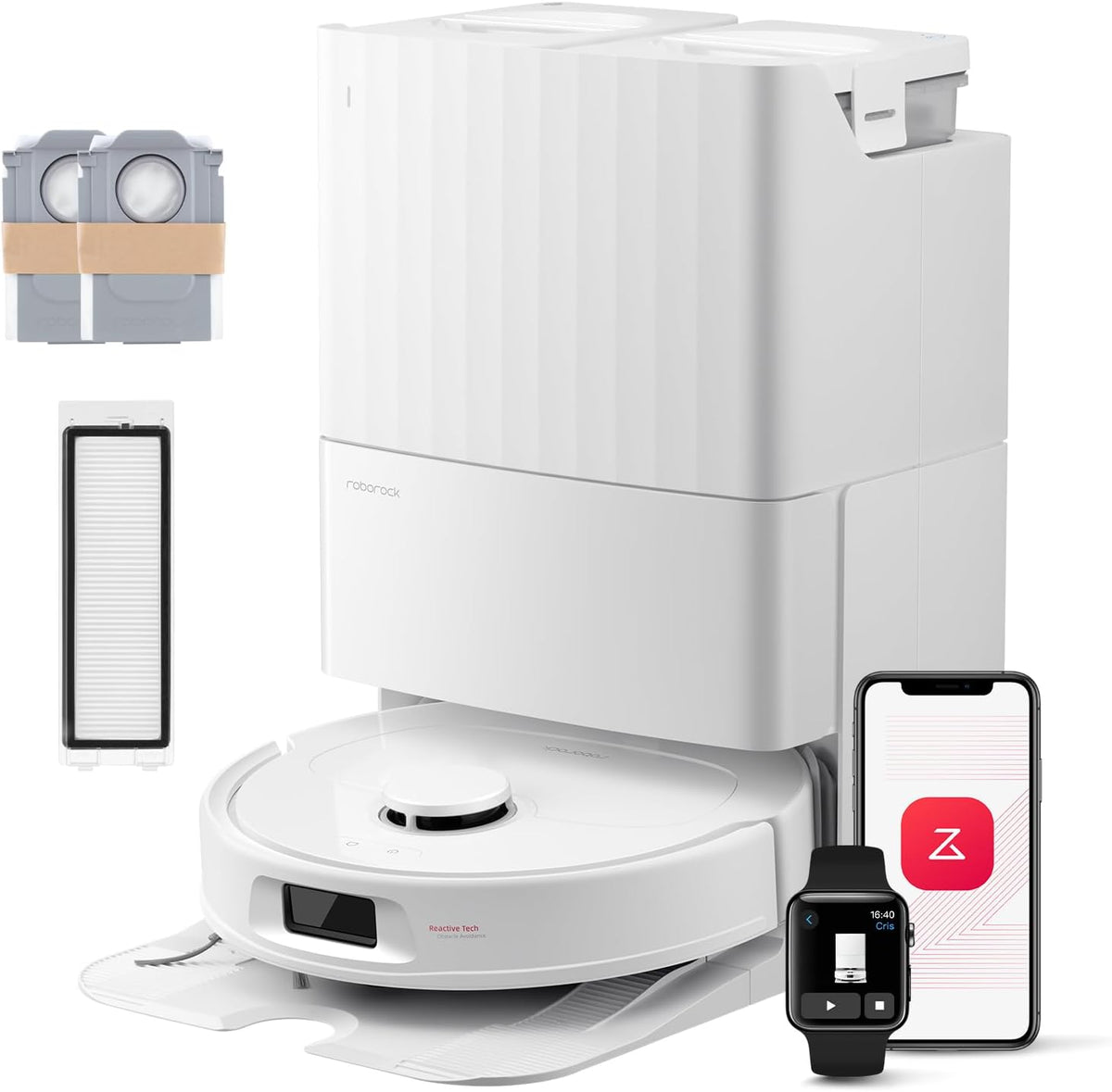 robot aspirador 35S, roborock, Succión HyperForce de 10000 Pa con Base Multifuncional, 2 Mopas Giratorias Elevación Automática de 10 mm, Blanco