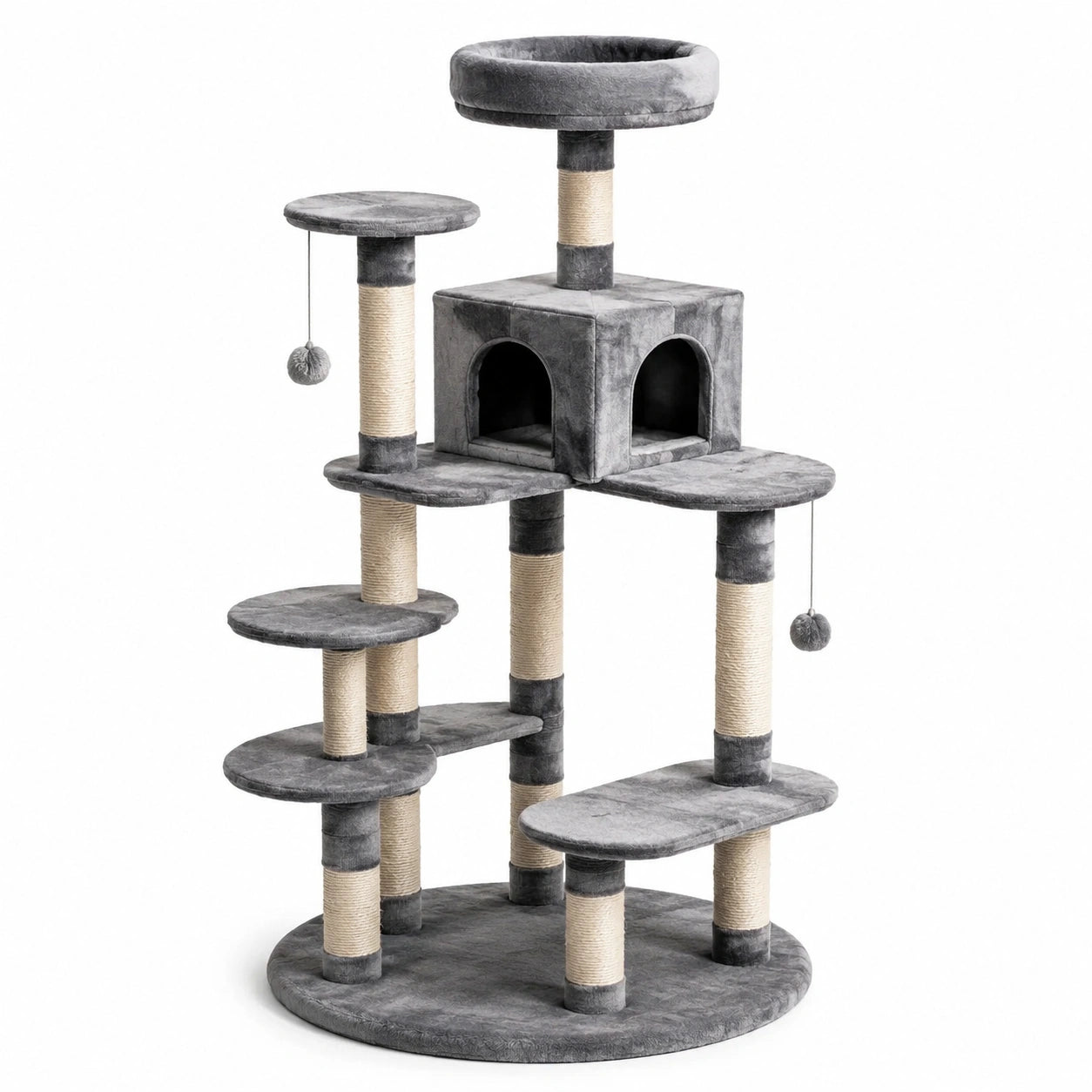 Árbol para Gatos de MDF y Sisal con Plataformas y Casa Gris