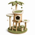 Árbol para gatos de madera y sisal con diseño de flor verde y beige