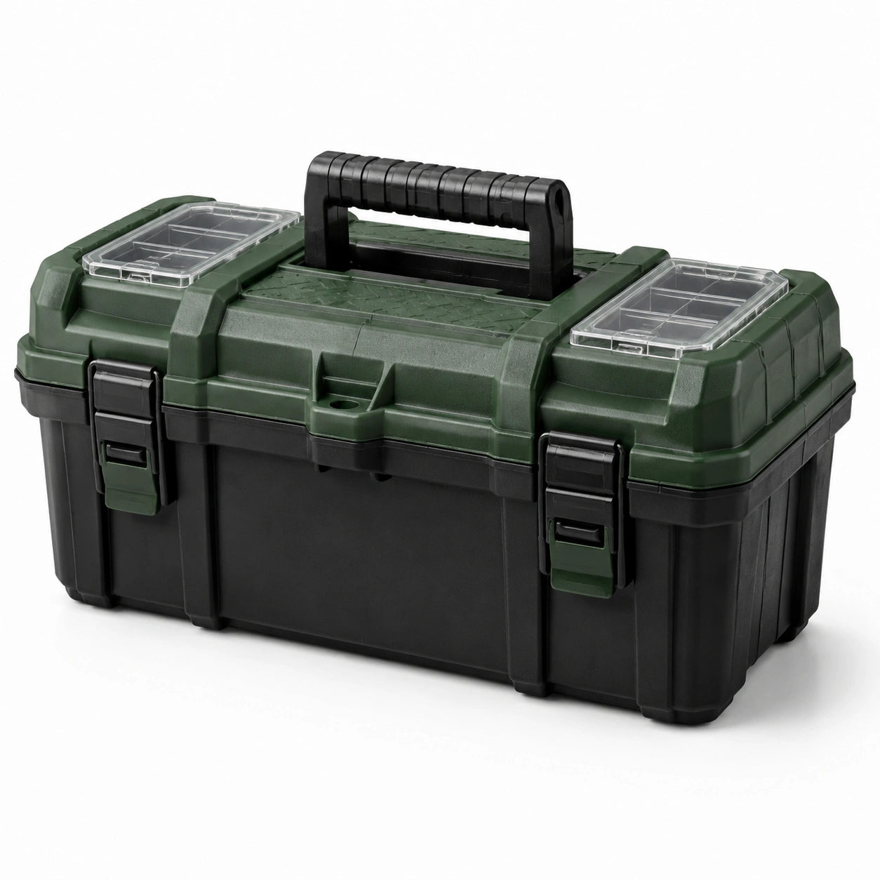 Caja de herramientas de plástico con compartimentos transparentes