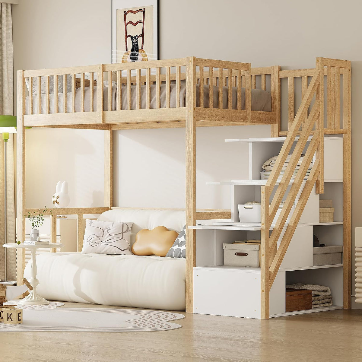 cama, NNJN, estructura de de madera maciza de pino para niños y adolescentes 90x200cm ( alta), alta con escalera de seguridad y almacenamiento