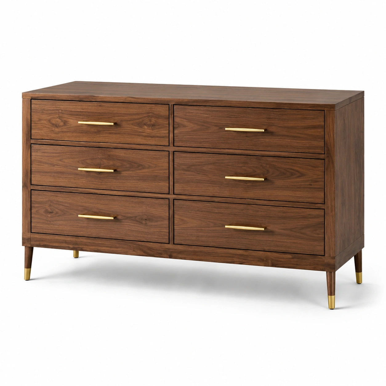 Cómoda de madera de nogal con tiradores de metal dorado