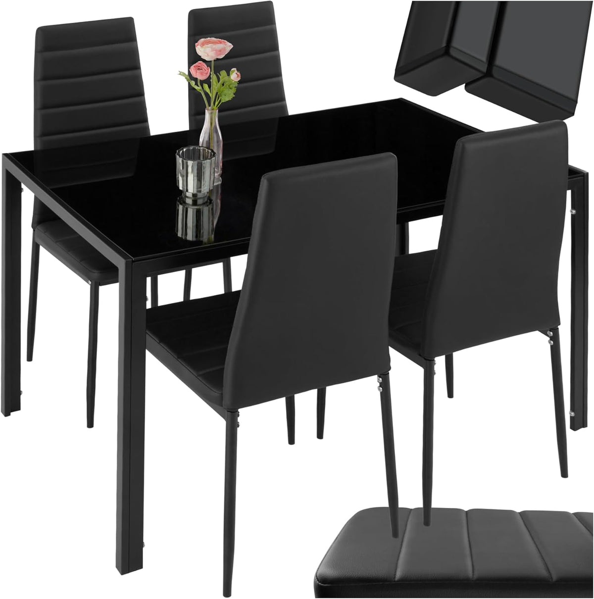 Juegos de mueble, tectake, Mesa con Tablero Cristal Seguridad y 4 sillas Cocina tapizadas Cuero sintético, Estructura Acero, sillas Comedor