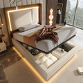 cama, Zravenna, estructura estable de hierro y madera, individual tapizada de 90 x 200 cm con cajón y somier, lino, beige, sin colchón