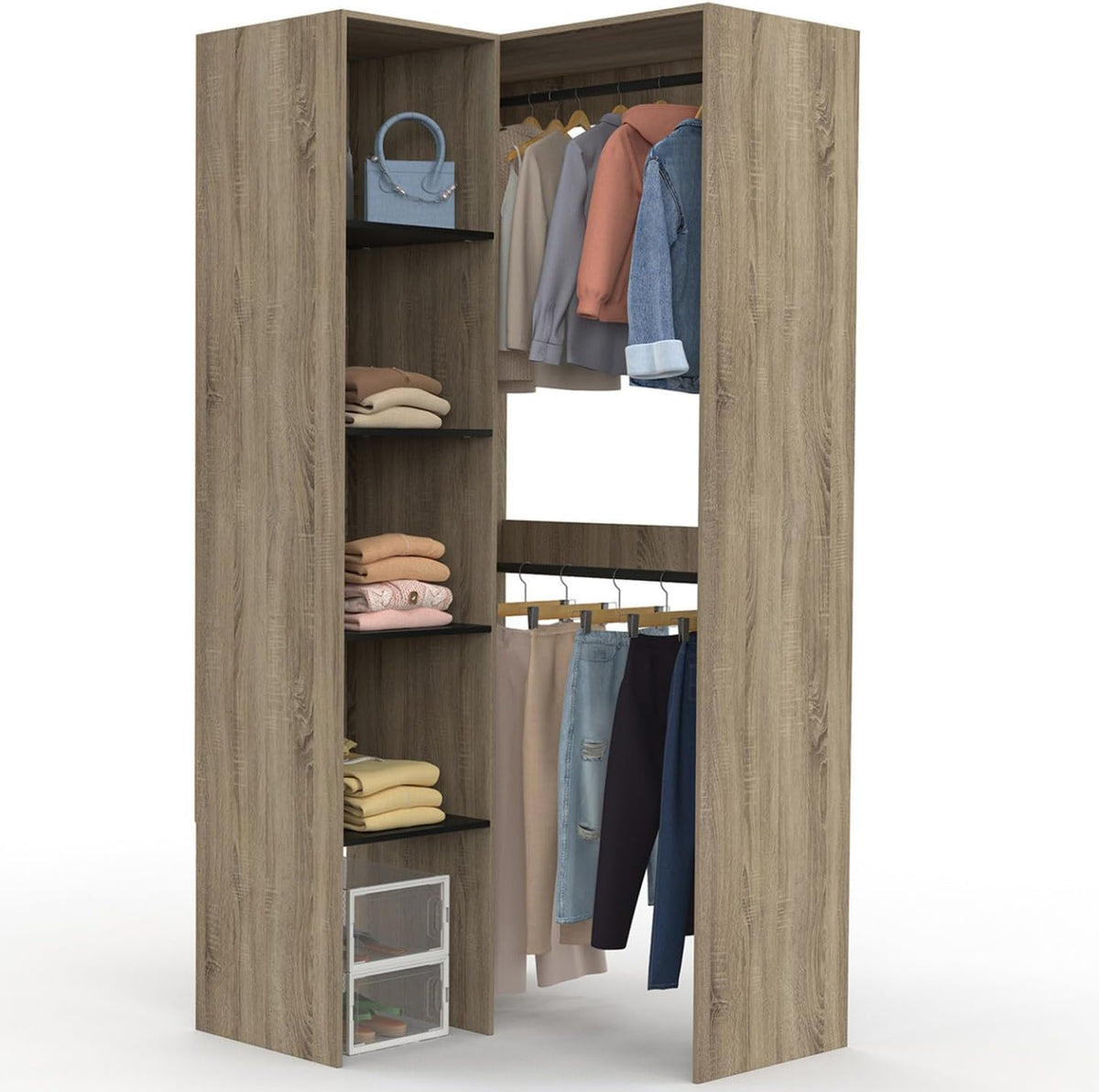 armario, IDMarket, 127 cm MELMAN doble + estantes madera y negro, - Vestidor de esquina modulable L. 90