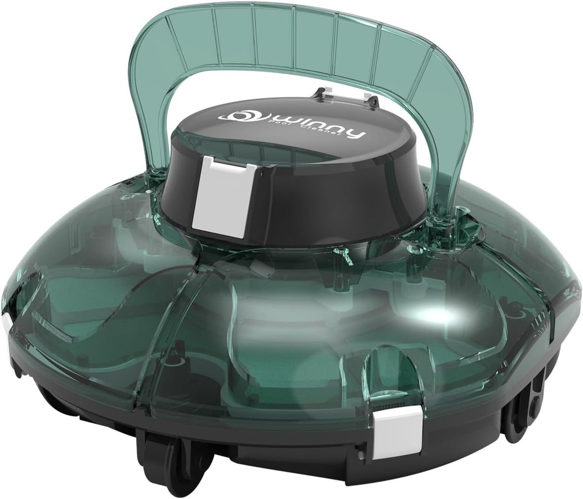 limpiafondos automático, WINNY POOL CLEANER, 75Min Autonomía, Estacionamiento Auto(Transparente Verde Blanco), Inalámbrico Robot Limpiafondos Piscina