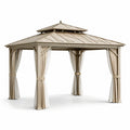 Pérgola de metal beige 3x3m con cortinas