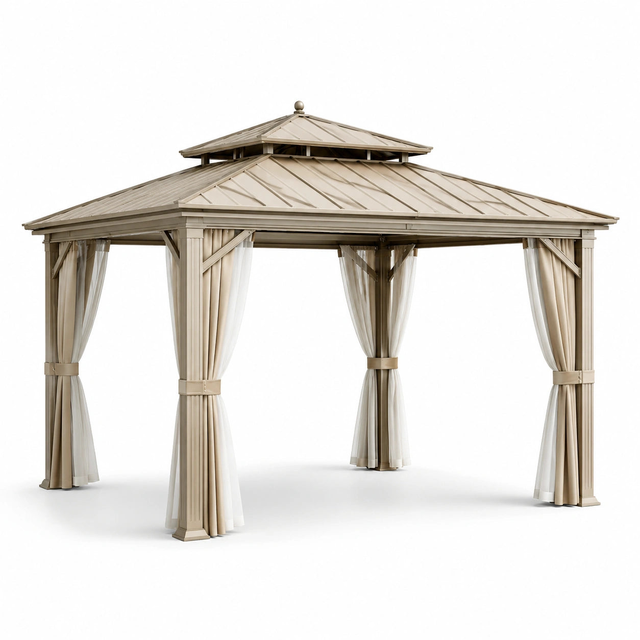 Pérgola de metal beige 3x3m con cortinas