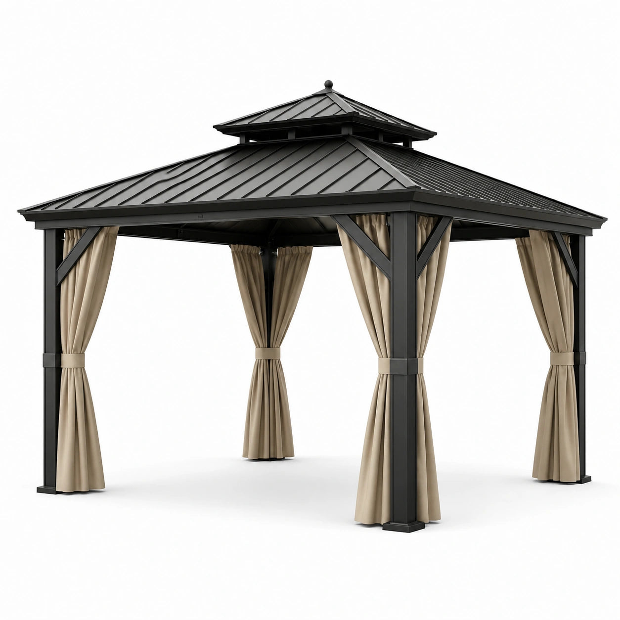 Pabellón de Aluminio Negro con Cortinas de Poliéster Beige 3x3m