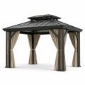Pérgola de aluminio negro con techo de acero galvanizado y cortinas de poliéster beige 3x3x2.5m
