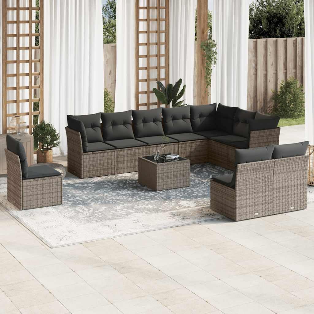 conjunto de muebles de jardín, Yunovire, 11 TLG. Conjunto de sofá de jardín en ratán de polietileno gris con almohada, diseño modular para terraza