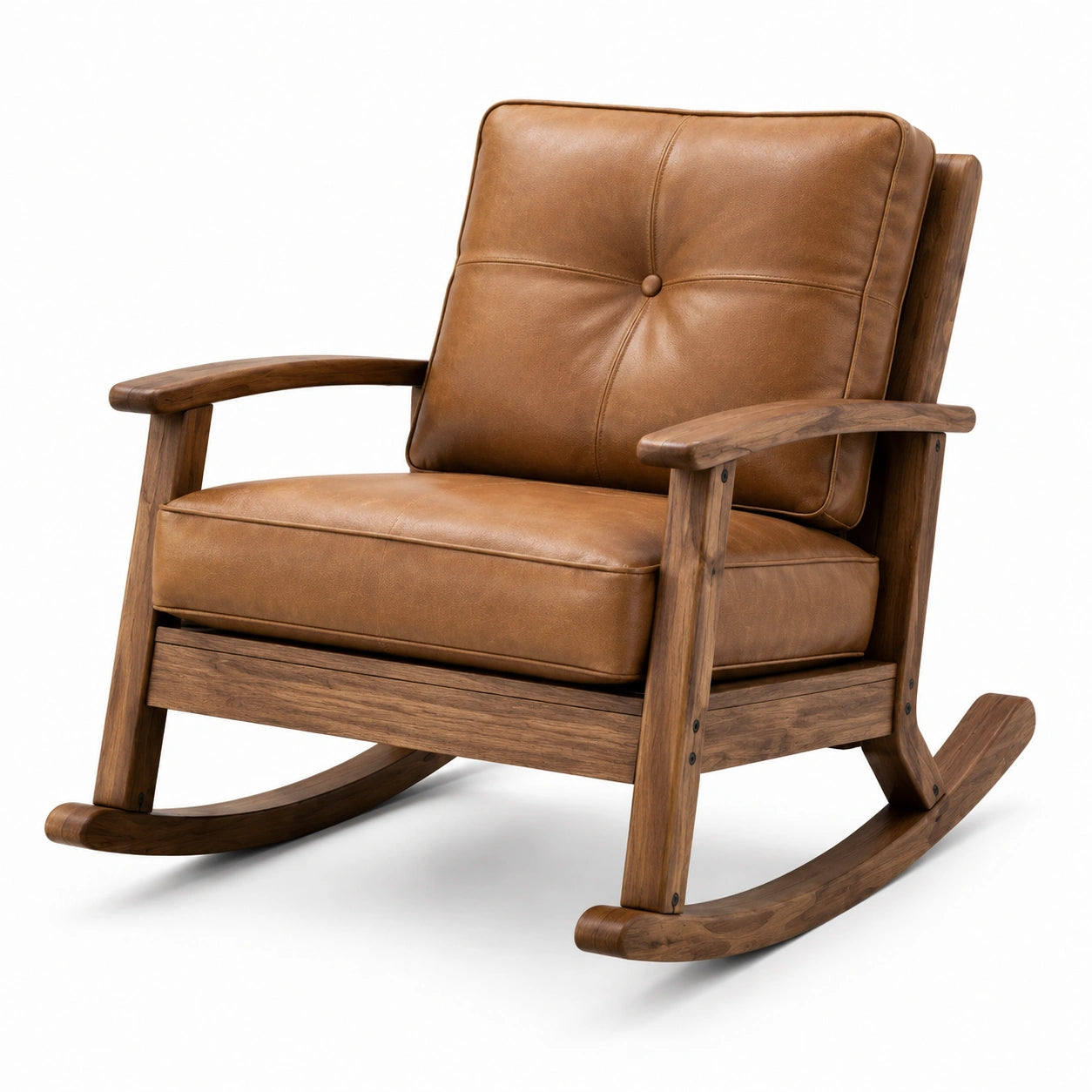 Silla mecedora de madera con cojines de cuero marrón