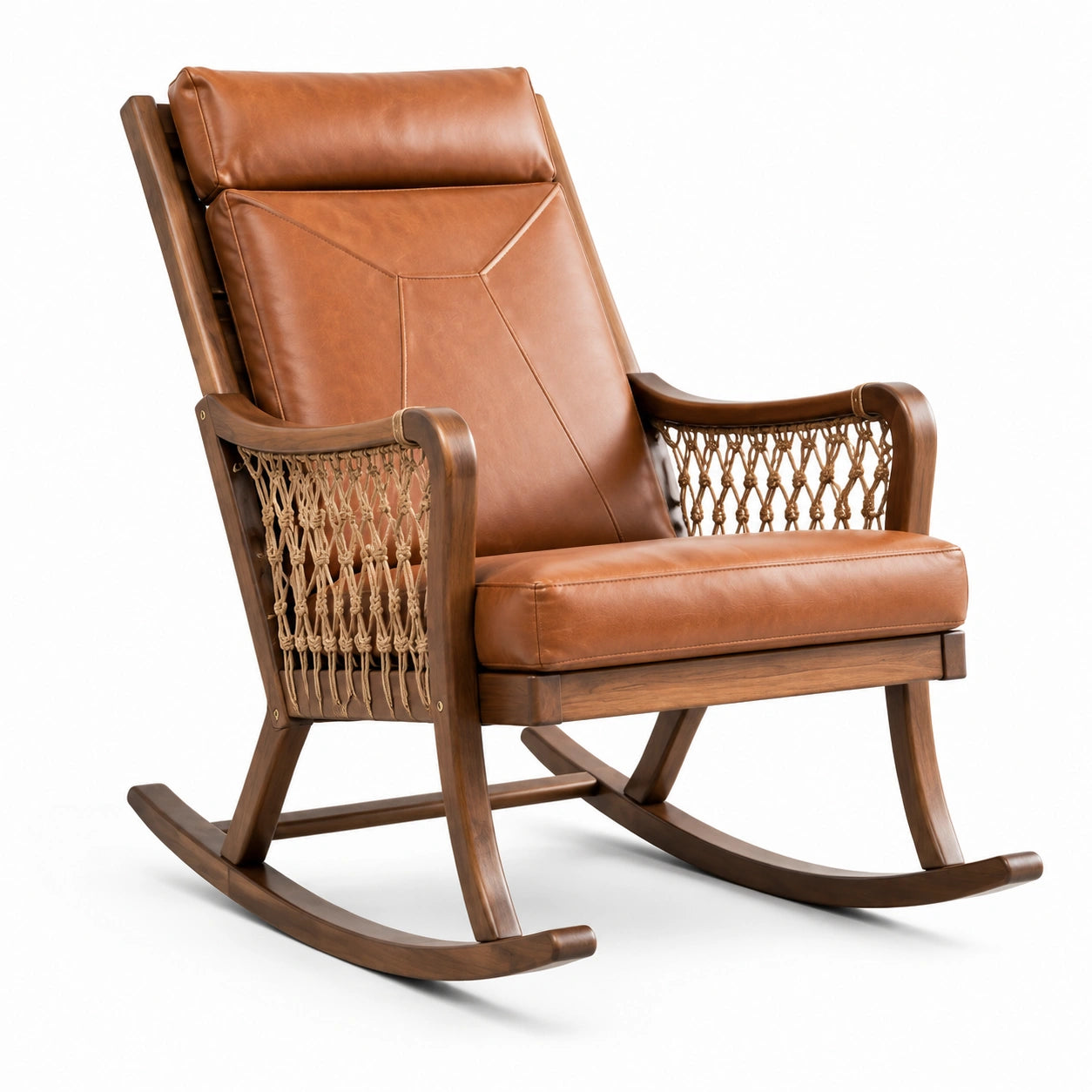 Silla mecedora de cuero sintético marrón con estructura de madera y laterales de cuerda