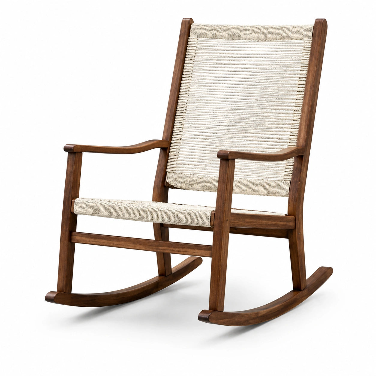 Silla mecedora de madera con cuerda de algodón, marrón y beige