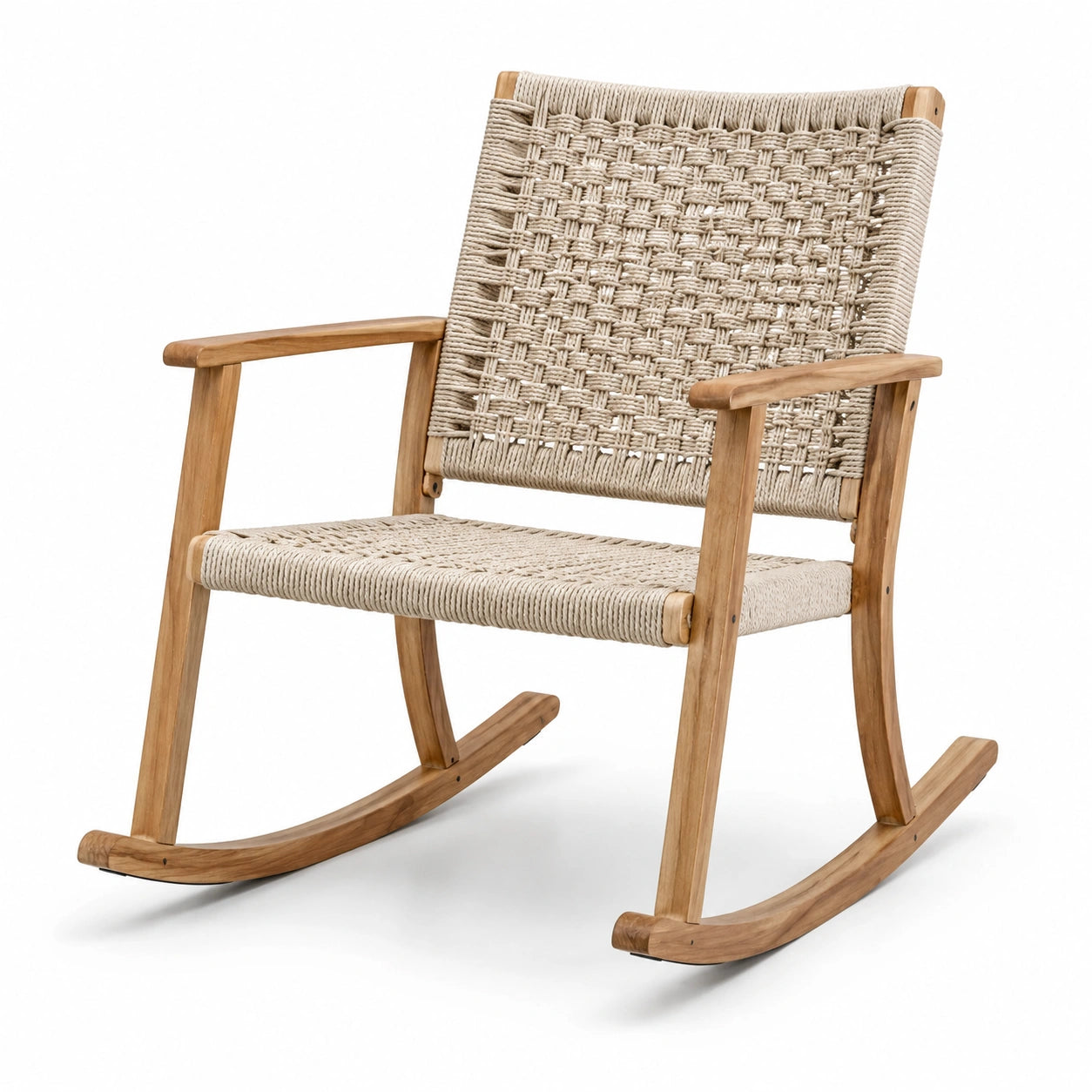 Mecedora de madera de teca y cuerda de poliéster beige