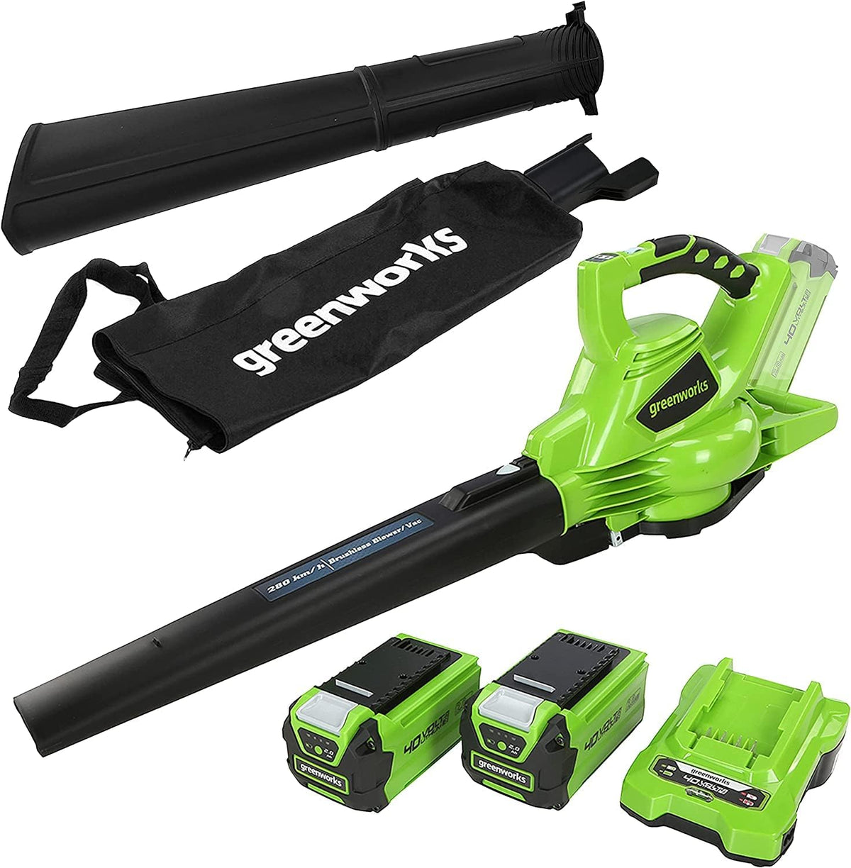 Sopladores de hoja GD40BVK2X, Greenworks, 280 km, 9,63 m3, Dos de las Baterías de 40V 2Ah y Cargador, min