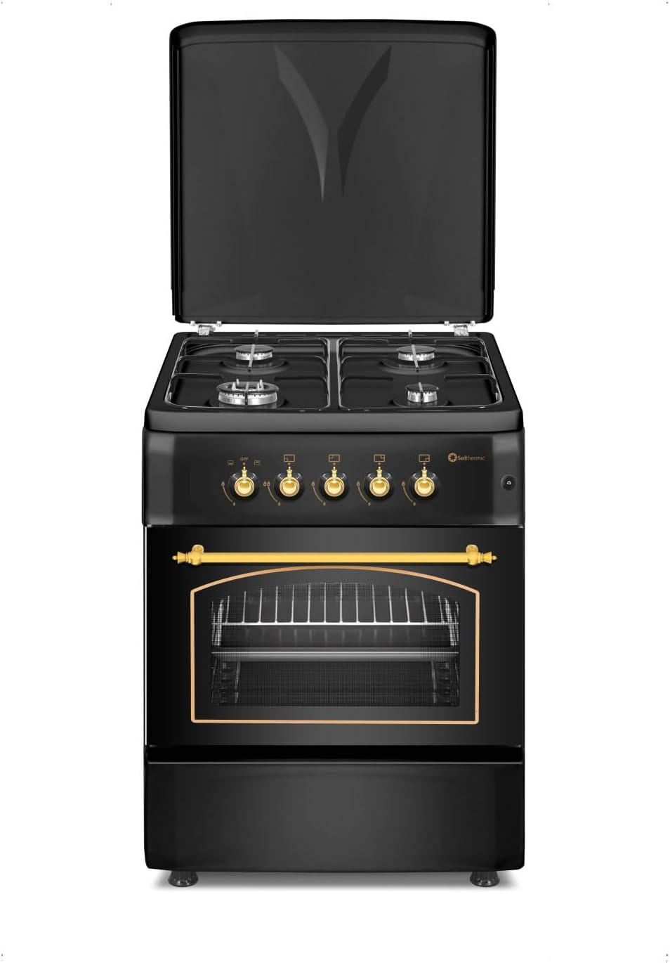 Cocina F6S40G2, SOLTHERMIC, GAS BUTANO Y GAS CIUDAD, 4 FUEGOS CON ENCENDIDO AUTOMATICO, F6S40G2 GAS NEGRA RUSTICA CON MANDOS DORADOS