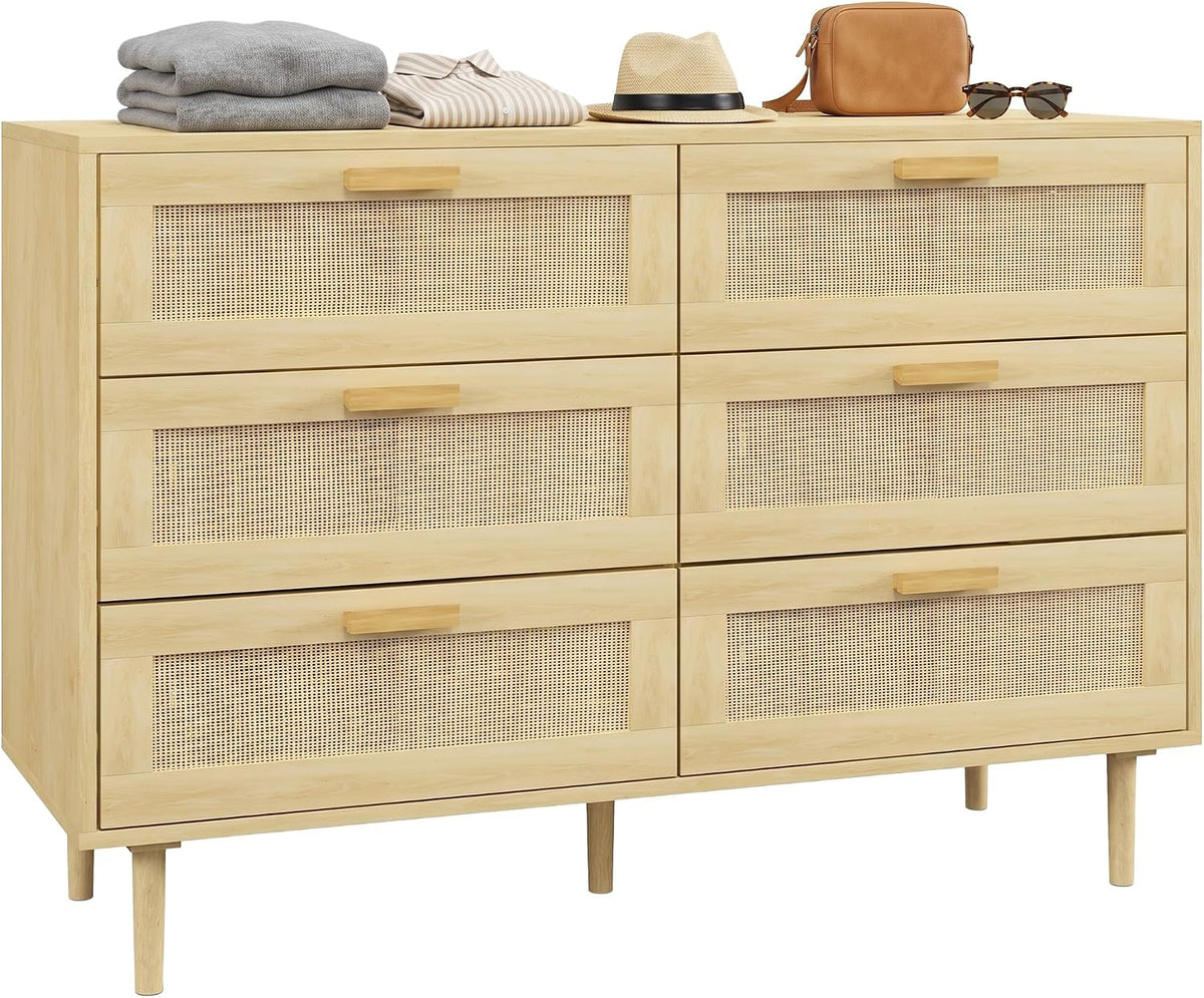 cómoda, HOMCOM, Dormitorio con Patas de Madera, Cajonera para Salón, 6 Cajones con Frontal de Ratán, 110x40x75 cm, Oficina, Estilo Bohemio, Roble