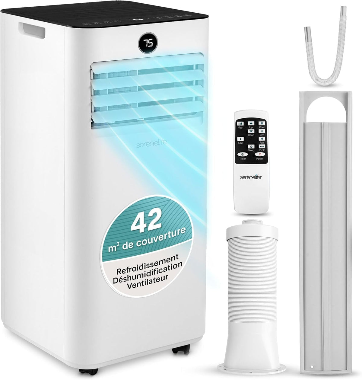 deshumidificador, SereneLife, Aire Acondicionado Móvil 9000 BTU - Portátil Silenciador 55 dB, Refrigerador de Aire Control Remoto Pantalla LED