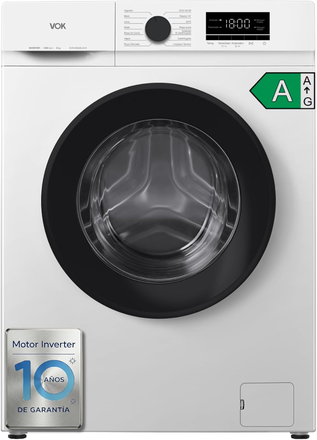 lavadora EVW-6BAWL2410, VOK, 1000 RPM, Fondo Reducido 42 cm, Clase A, Motor Inverter, Blanca, 6kg EVW-6BAWL2410 con Instalación Incluida