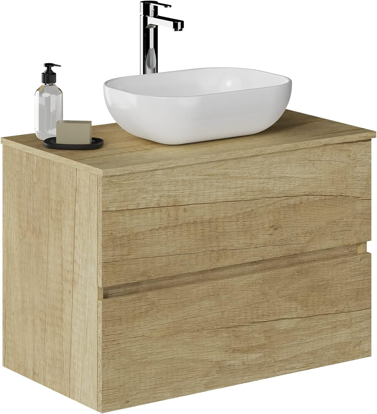 Juegos de tocador F46, Baikal, 2 cajones, Melamina 16, Mueble F46 + Top + Lavabo 80 cm Nature, Baño Onyx, suspendido en Pared