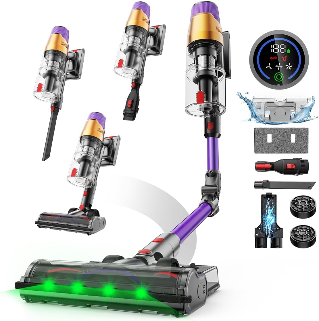 aspiradora sin cable A12, Linkifly, 550W, 70 Min, Aspirador Escoba con Depósito de Agua Extraíble, Tubo Plegable, Pantalla LED, Anti-Enredos