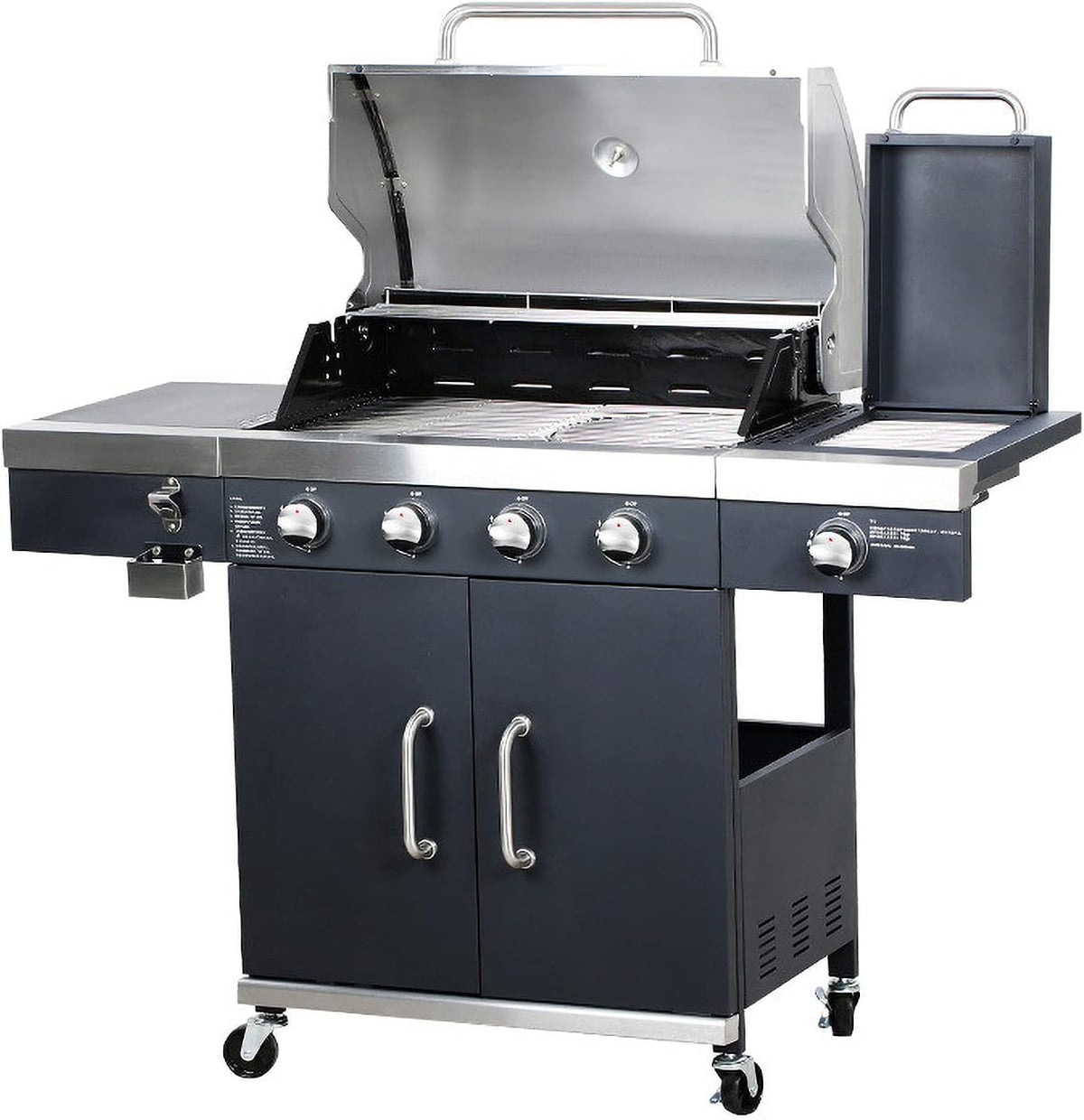 barbacoa de gas, FRYH, BBQ Parrilla de Gas Propano Parrilla de de 4 Quemadores con Quemador Lateral Infrarrojo TRU, 4 Ruedas con Cerradura