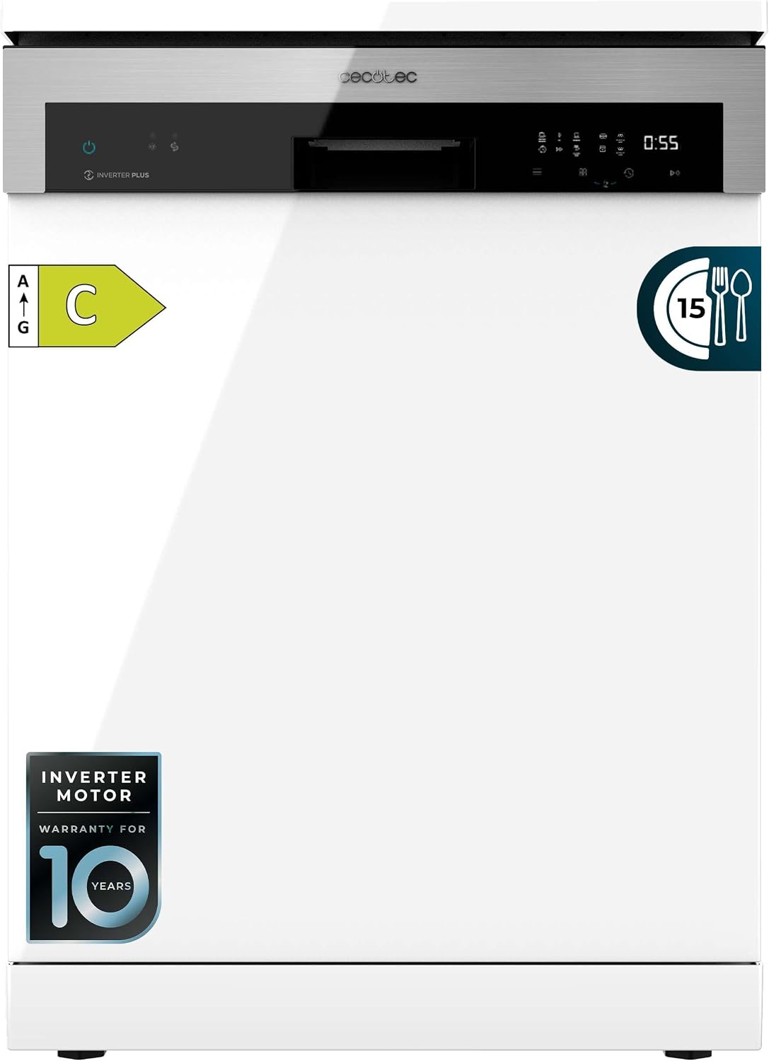 Cecotec lavavajillas, 60cm Independiente Bolero Aguazero 6500 C. 15 Cubiertos, 3a Bandeja, 6 Programas con Dual Zone Wash, Dry+, Auto Open