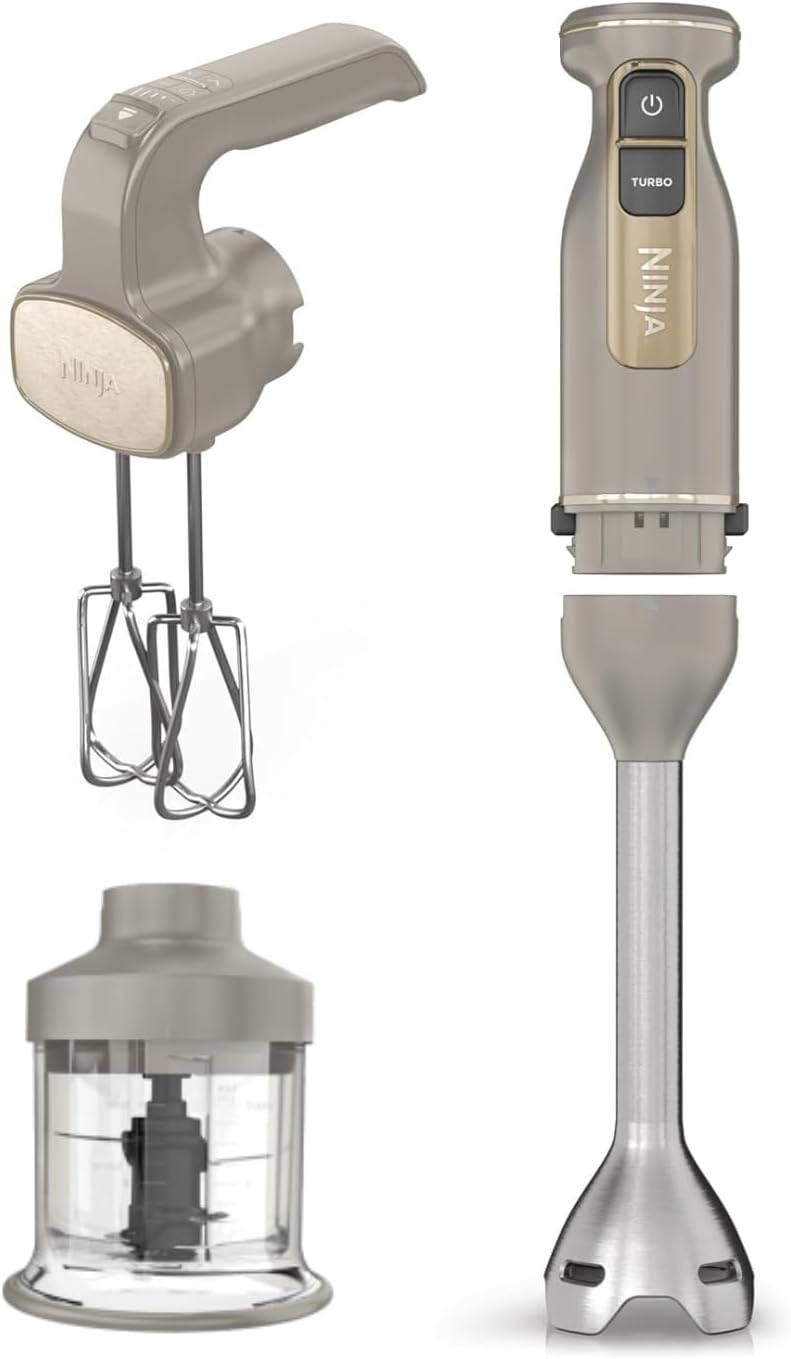 Ninja CI100EUSTGD lavavajillas, Foodi Batidora de mano 3 en 1, 850 W, mezclar, amasar, batir y más, piedra dorada