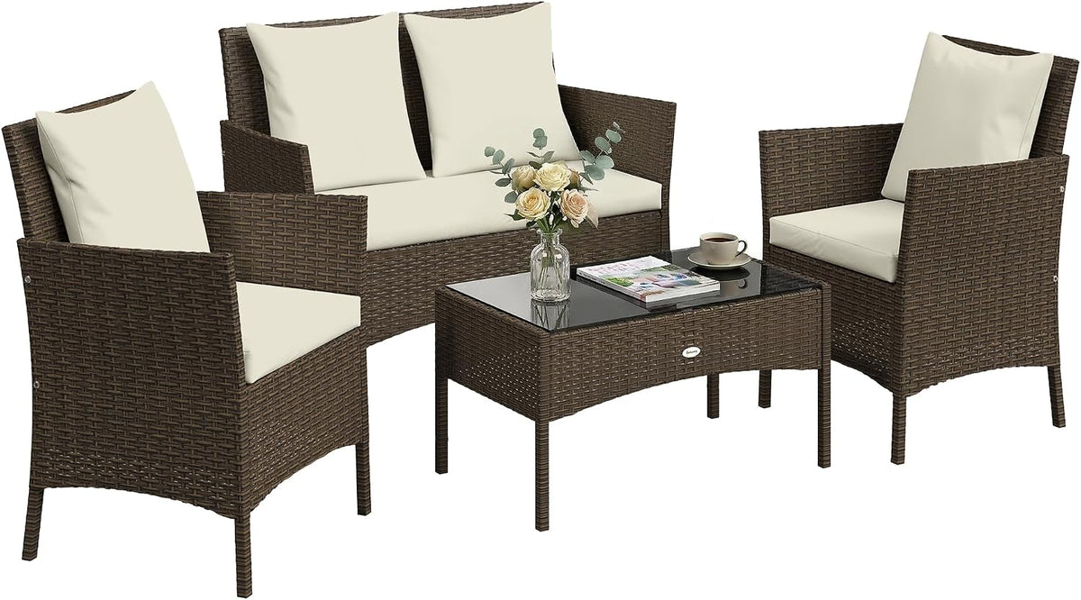 conjunto de muebles de jardín, Outsunny, Conjunto de Jardín Exterior de Ratán, Conjunto de Terraza con Cojines Lavables, 2 Sillas, Marrón