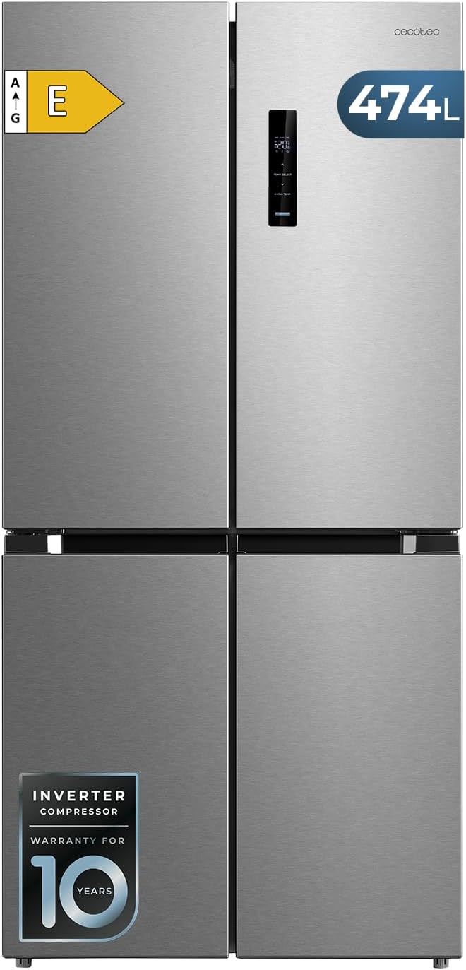 Cecotec frigorífico combi, Frigorífico 4 Puertas Total No Frost de 474L Bolero CoolMarket 4D 474 Inox E.177,5cm de Alto, 83,3 cm de Ancho, Clase E