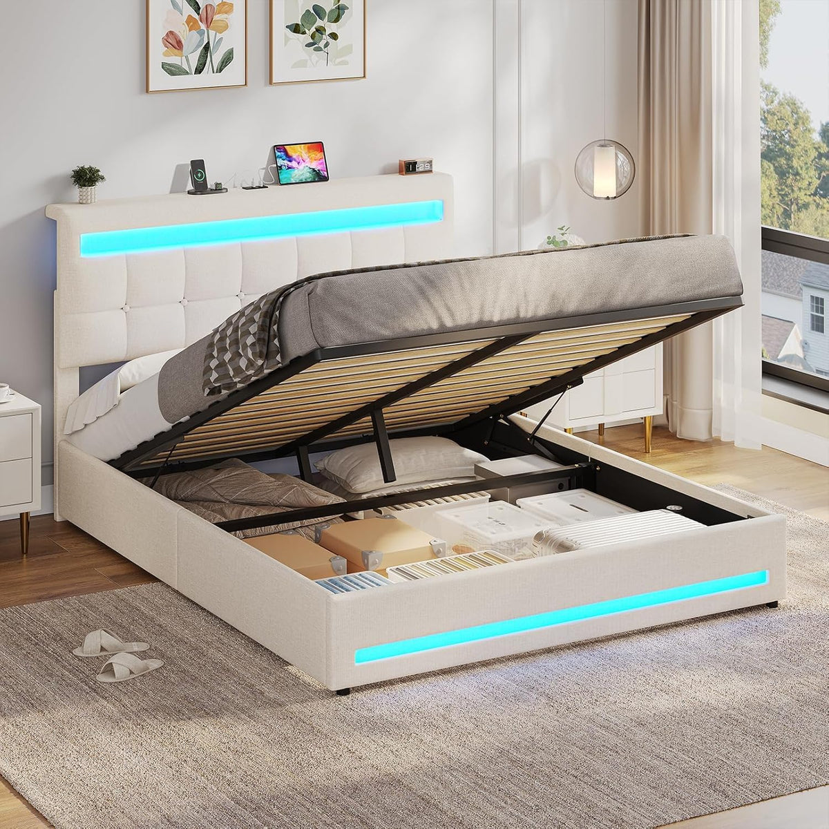 cama, AOGLLATI, s Matrimoniales 140x200 cm con Almacenamiento Hidráulico, Canapé con Cabecero Ajustable, Beige