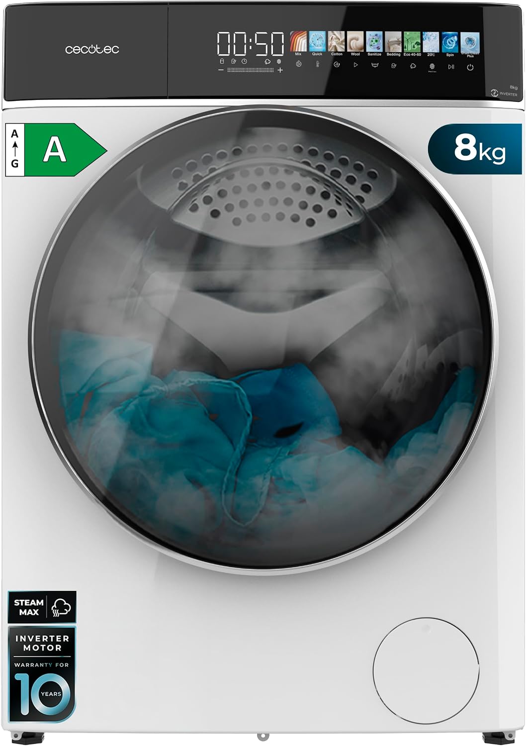 Cecotec lavadora, Secadora 8-5Kg Carga Frontal Bolero Wash&Dry 85900 Inverter A, 1400 rpm, 11 programas, pantalla FullColor 10,3', Motor Inverter Plus