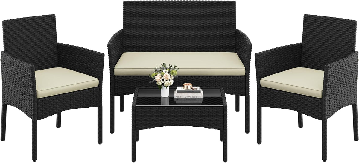 conjunto de muebles de jardín, Yaheetech, Conjunto Jardin Exterior Muebles Ratán de Jardín de 4 Piezas, Terraza, Balcón (Negro, 1 Sofá, Beige)