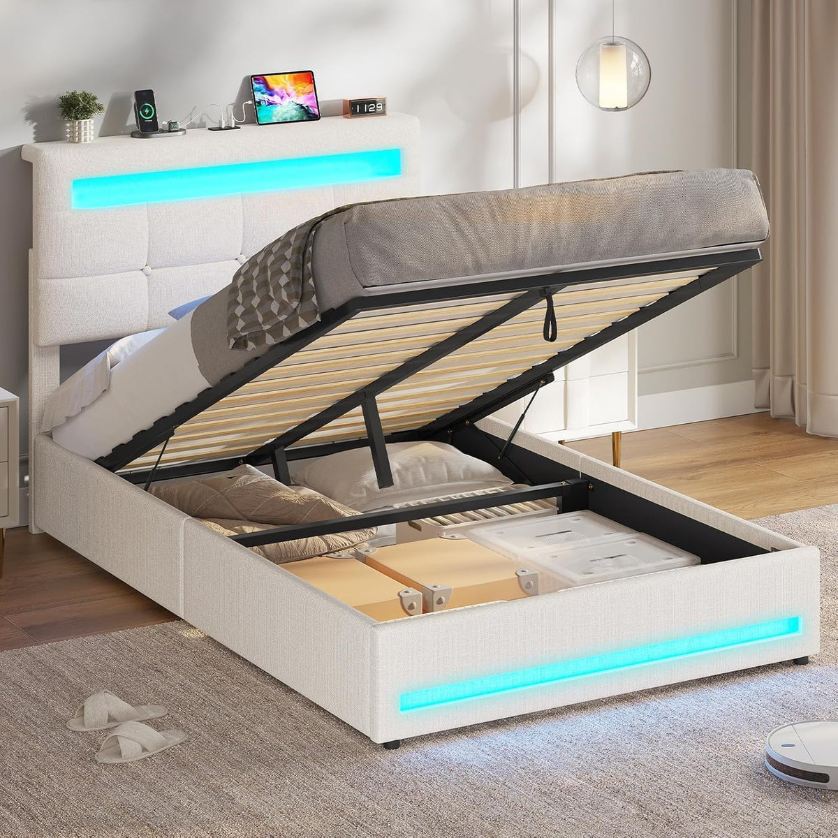 cama, AOGLLATI, Individual 90x200 cm con Almacenamiento Hidráulico, Canapé 90 con Cabecero Ajustable, Beige