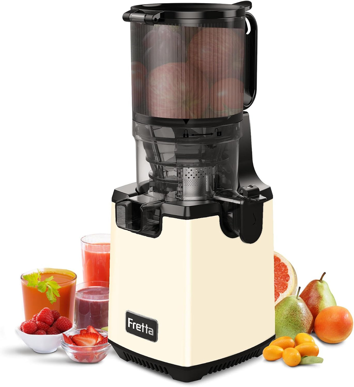 Licuadoras Single Auger, Fretta, extractor de zumos y verduras, fácil de instalar, desmontar y limpiar, 250W, Base de acero inoxidable (Pale White)