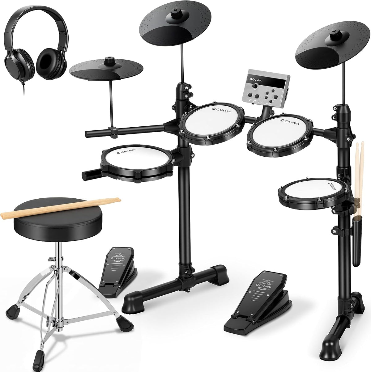 Baterías electrónica, CAHAYA, Auriculares, Taburete, Compatible USB, 15 Kits, 2 Pedales, 2 Baquetas, MIDI para Niños y Adultos
