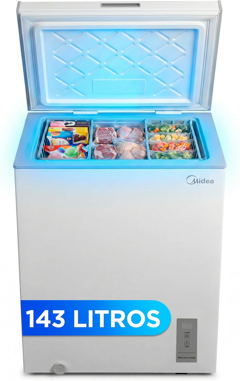 congelador horizontal, Midea, Arcon Congelador Pequeño de 143L, Arcón Silencioso 37 db Bajo Consumo, Convertible a Frigorífico con Motor Inverter