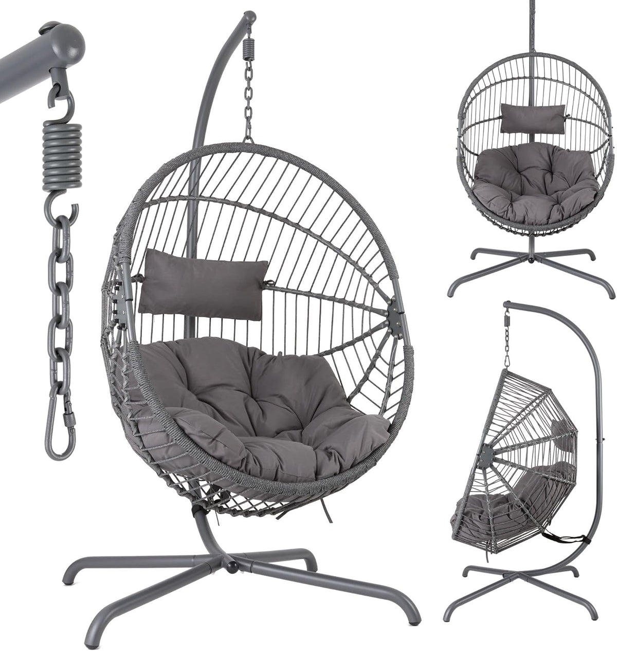 sillón, Arebos, Silla Colgante de Jardín con Soporte, Hamaca con Estructura de Acero 130kg, Color Gris, Altura Regulable 160-180cm