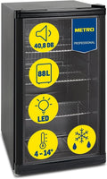 frigorífico mini, METRO Professional, Mini Frigorífico GPC 1088, 88 L, 24h, nevera pequeña con puerta de cristal, restaurant, tiendas, negro