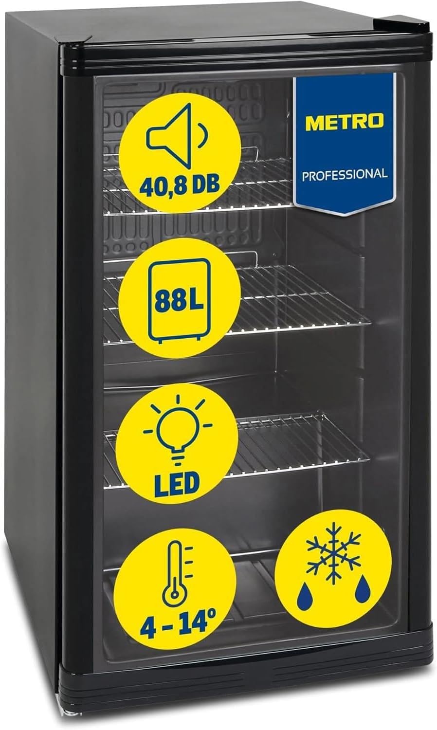 frigorífico mini, METRO Professional, Mini Frigorífico GPC 1088, 88 L, 24h, nevera pequeña con puerta de cristal, restaurant, tiendas, negro
