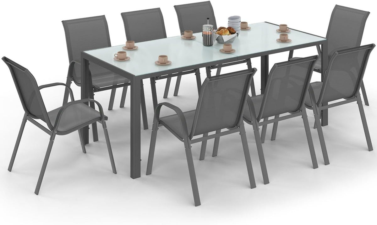 Juegos de comedor, IDMarket, – Conjunto de mobiliario de jardín Madrid, color gris antracita, mesa de 190 cm y 8 sillas apilables