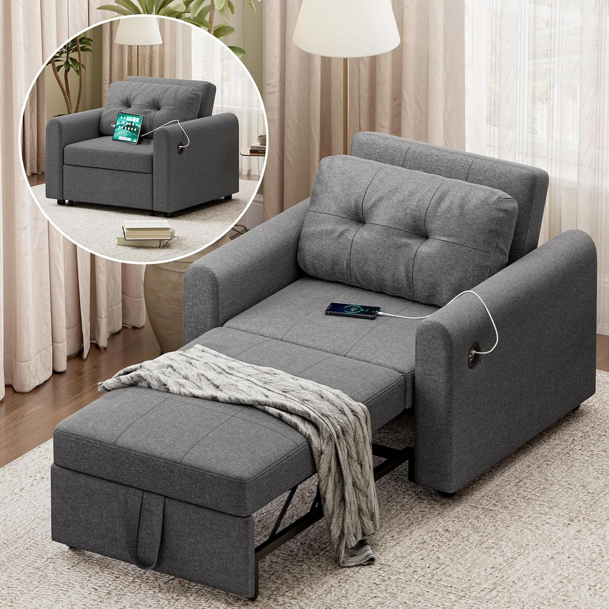 sofá cama, Luxstein, para Apartamento y Salón, Gris Oscuro, 3 en 1 Convertible con USB y Puerto Type-C, Soporta 200 kg, Bolsillo Lateral