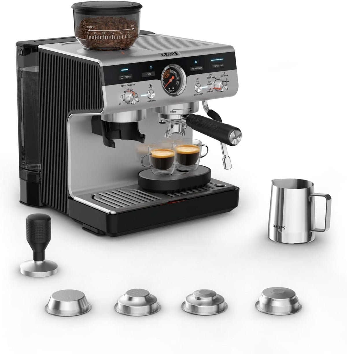 cafetera espresso XP801T10, KRUPS, 30 niveles de molienda, con molinillo integrado, preinfusión ajustable y control de temperatura
