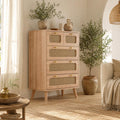 armario, SUNFECILI, para dormitorio, salón, color madera (cómoda con 5 cajones), de 5 cajones de ratán con 5 cajones, 60 x 34 x 91 cm, estilo bohemio